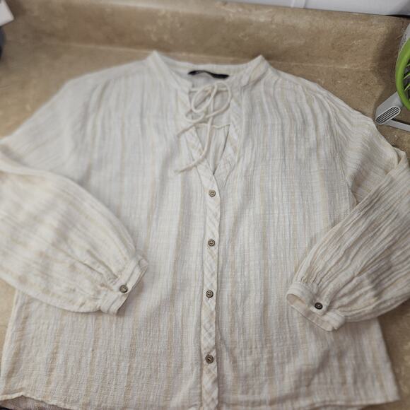 Zara Women's SZ M cream Tan Stripe‎ Beachy Top Linen Preppy Coastal - Picture 9 of 9